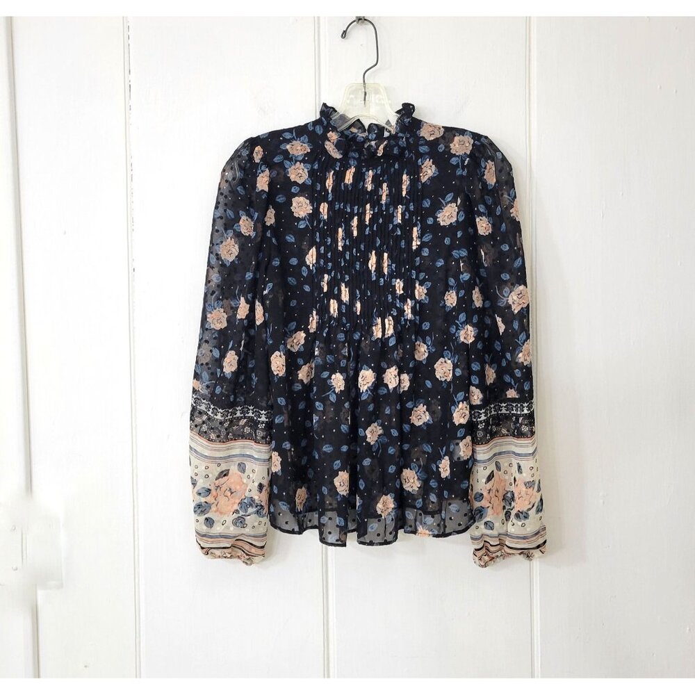 Maison d'Amelie Sheer Georgette High Neck Ruffled Cottagecore Floral Blouse Size